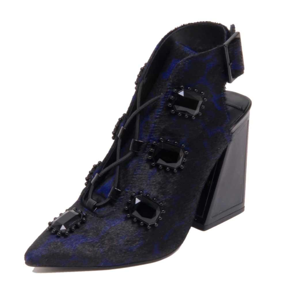 Preowned Women's Kat Manconie Anais Jewel Blue Black Faux Fur Bootie Heel Sz 7